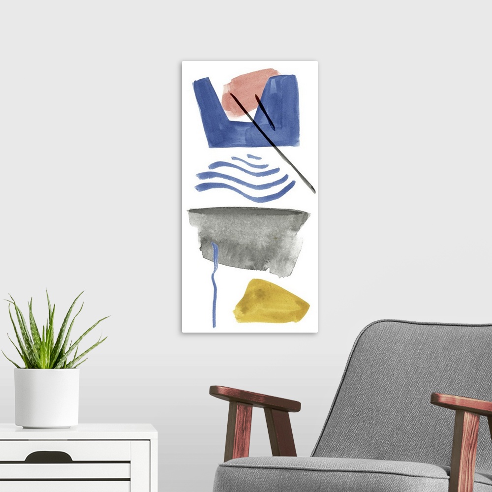 A modern room featuring Whimsical abstract painting of various multi-colored shapes and lines.