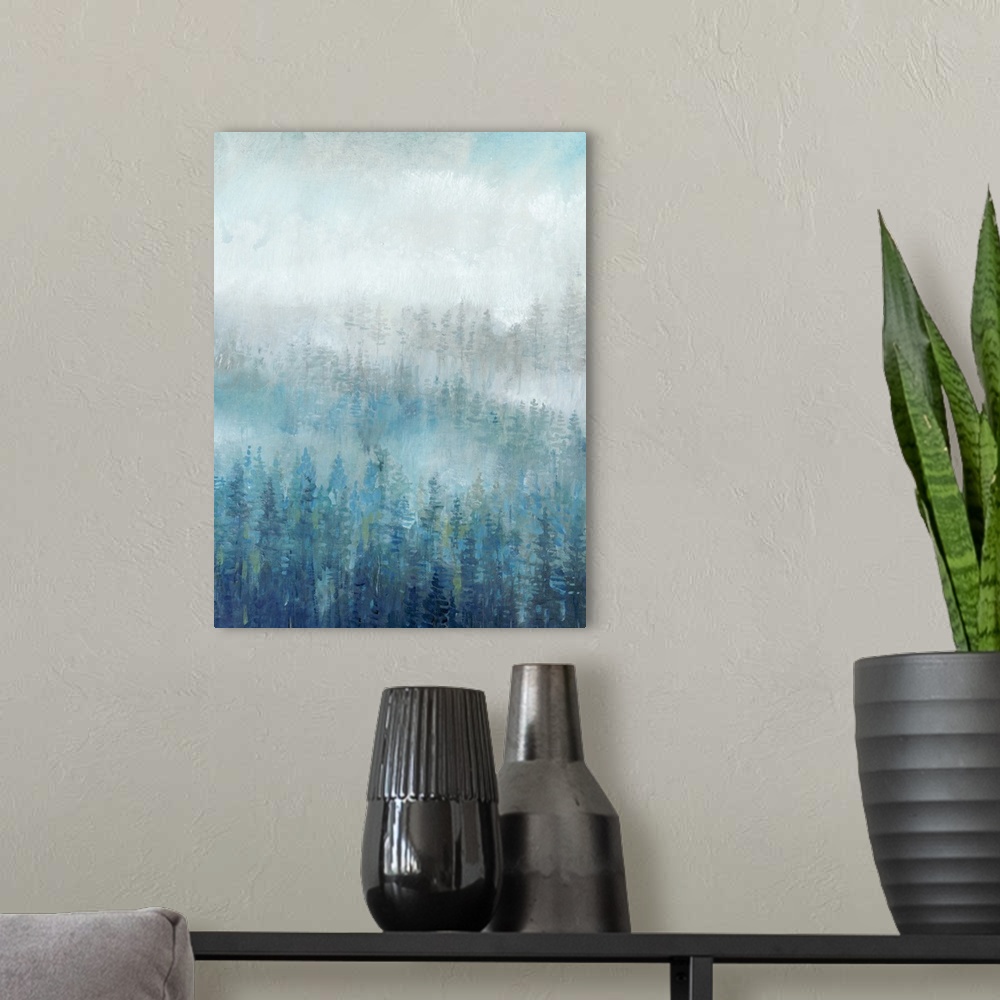 A modern room featuring Blue and gray trees fill this contemporary landscape painting with mist and fog in the background.