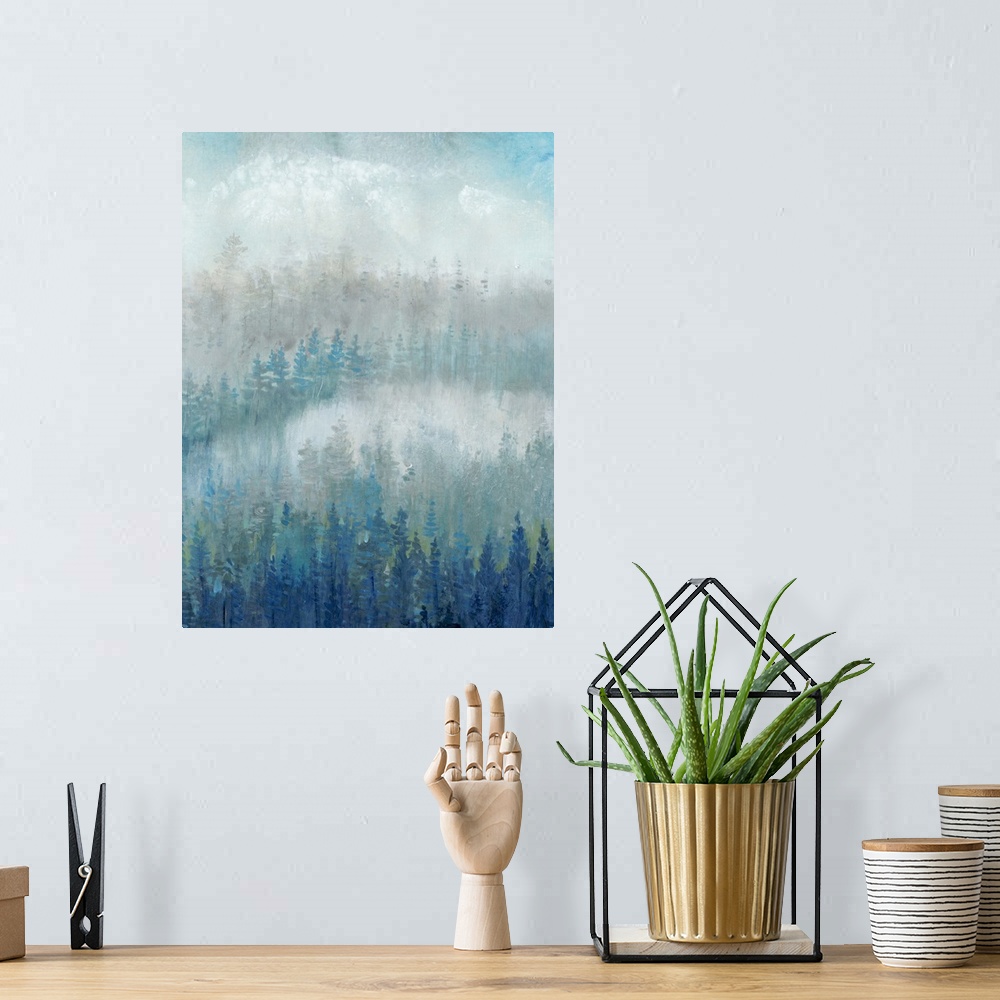 A bohemian room featuring Blue and gray trees fill this contemporary landscape painting with mist and fog in the background.