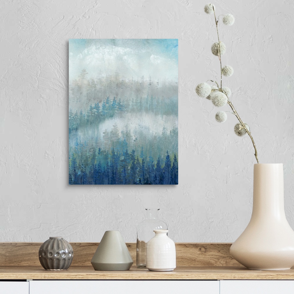 A farmhouse room featuring Blue and gray trees fill this contemporary landscape painting with mist and fog in the background.