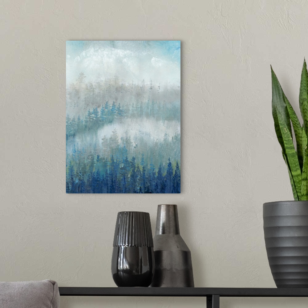 A modern room featuring Blue and gray trees fill this contemporary landscape painting with mist and fog in the background.