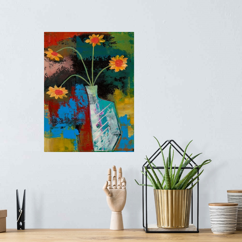 A bohemian room featuring A painting of a vase holding flowers against an abstract background.