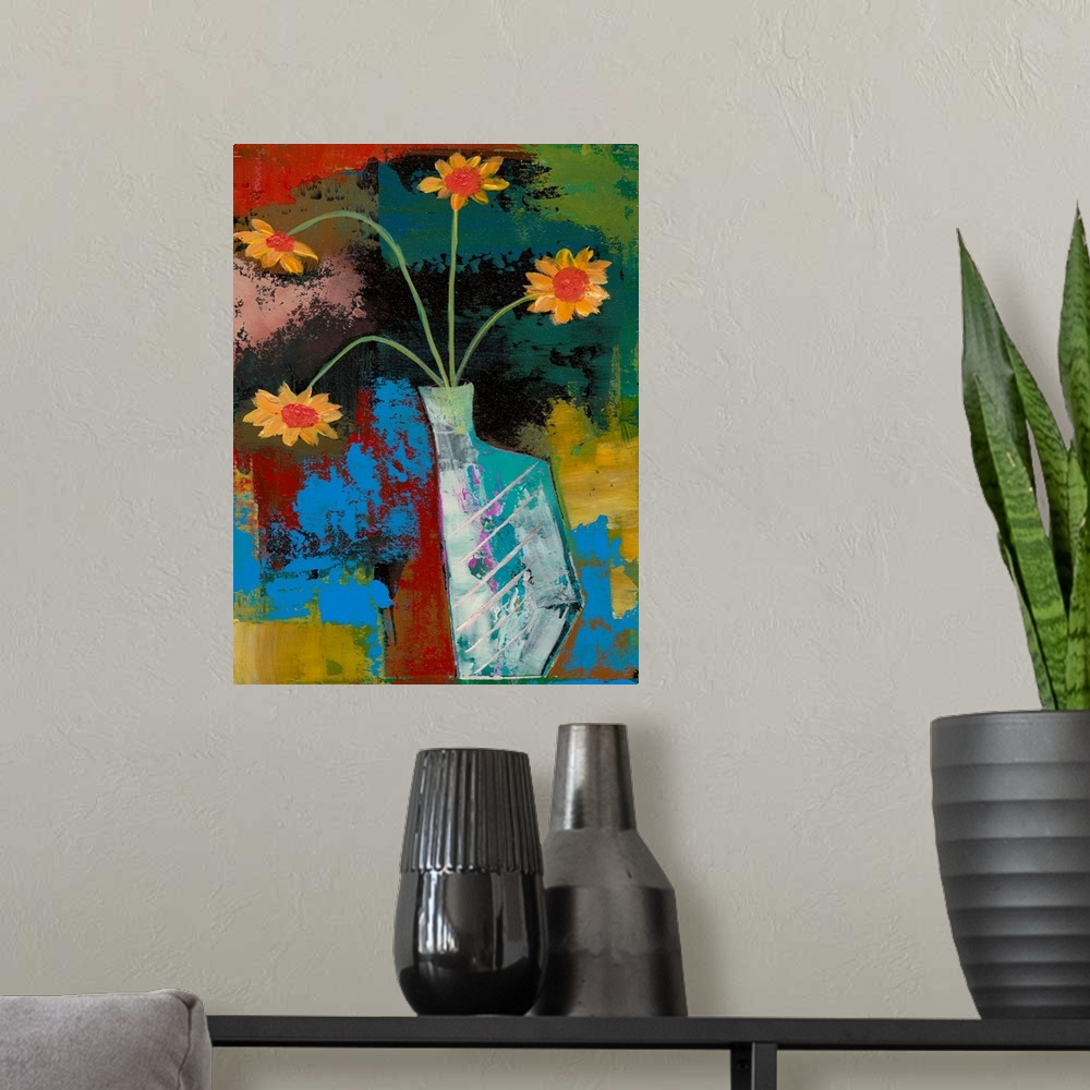 A modern room featuring A painting of a vase holding flowers against an abstract background.