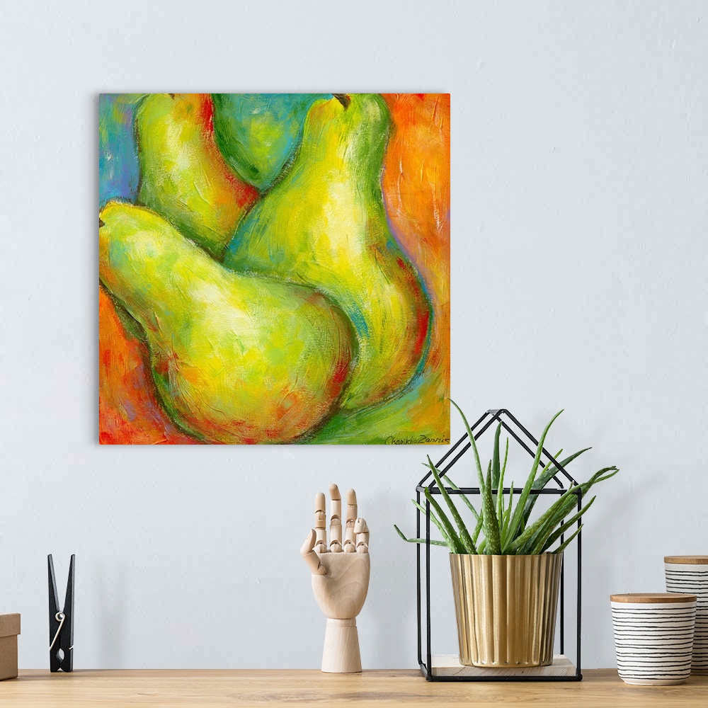 A bohemian room featuring Up-close painting of three pears with a colorful abstract background.