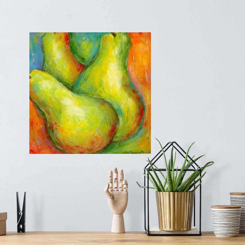 A bohemian room featuring Up-close painting of three pears with a colorful abstract background.