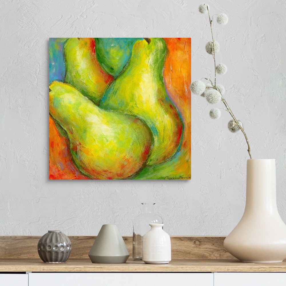 A farmhouse room featuring Up-close painting of three pears with a colorful abstract background.