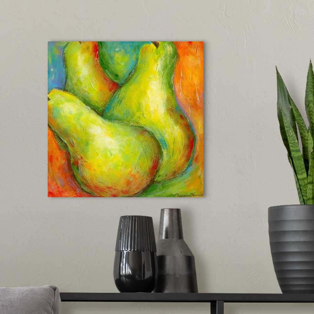 A modern room featuring Up-close painting of three pears with a colorful abstract background.
