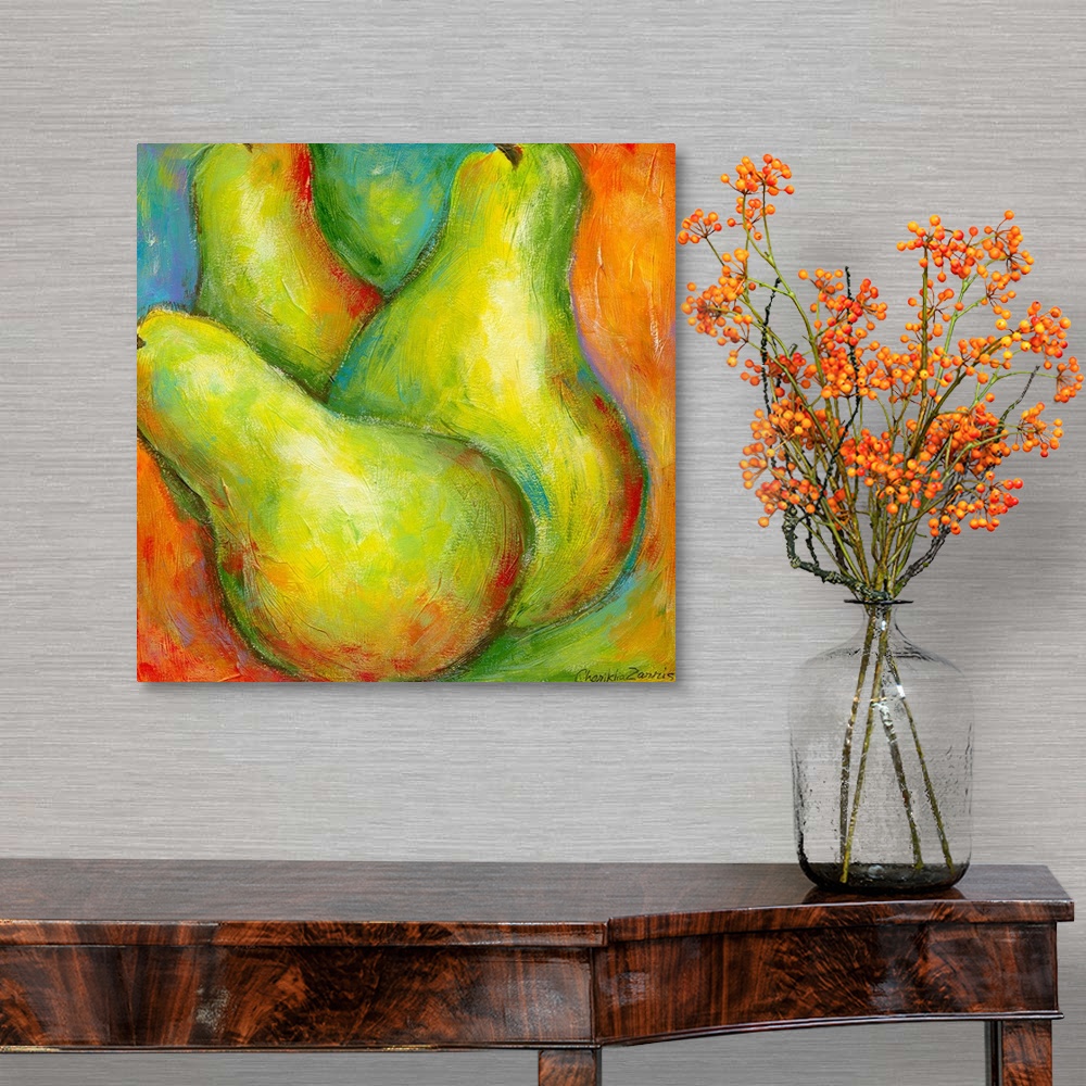 A traditional room featuring Up-close painting of three pears with a colorful abstract background.