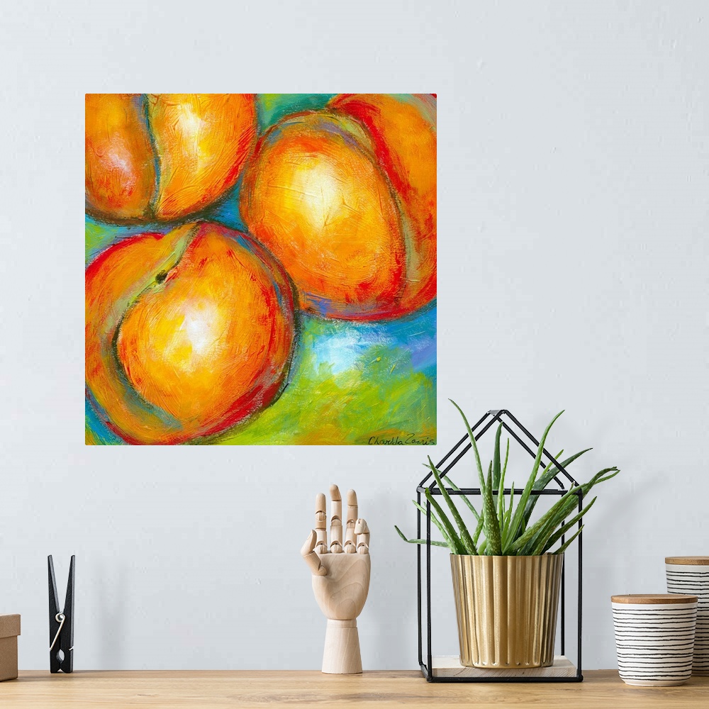 A bohemian room featuring A close up painting of three peaches painted with loose, impressionistic strokes in this contempo...