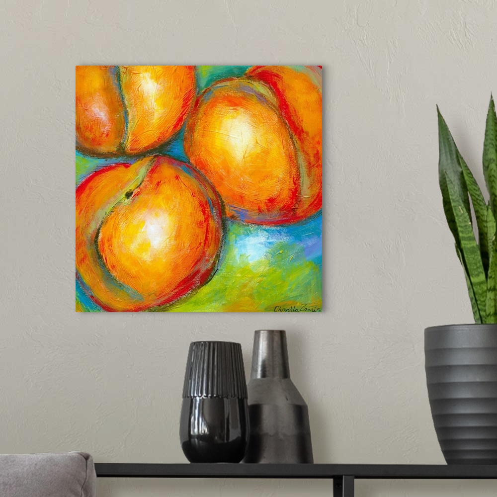 A modern room featuring A close up painting of three peaches painted with loose, impressionistic strokes in this contempo...