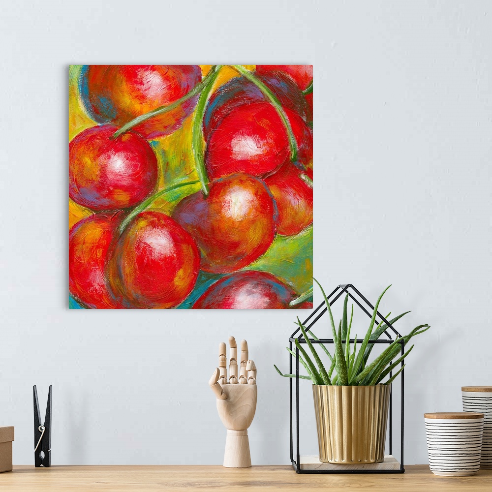 A bohemian room featuring Food painting of plump red cherries bunched together with long green stems.
