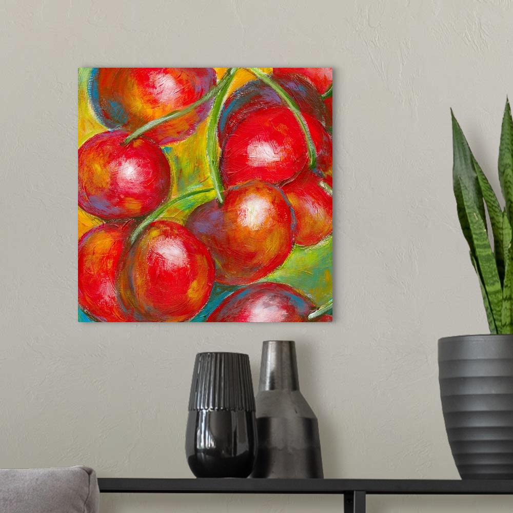 A modern room featuring Food painting of plump red cherries bunched together with long green stems.