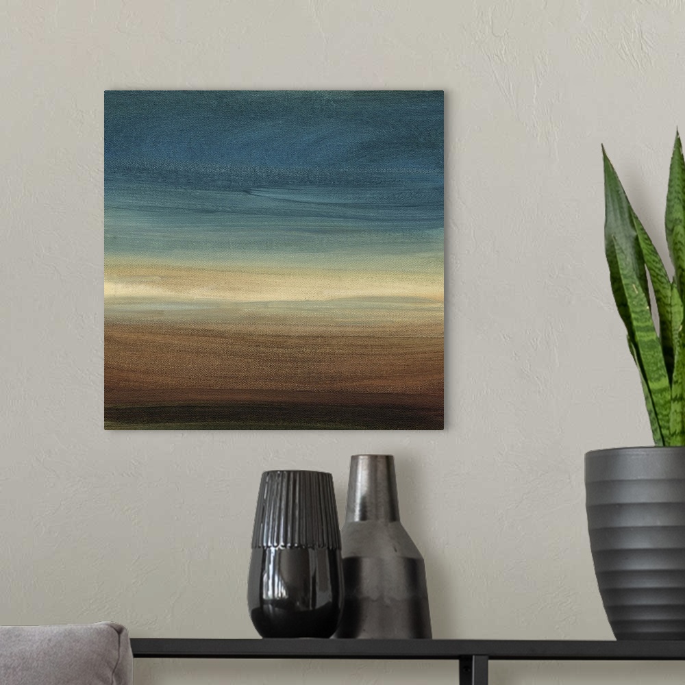 A modern room featuring Contemporary abstract painting of a warm and cool toned colorfield.