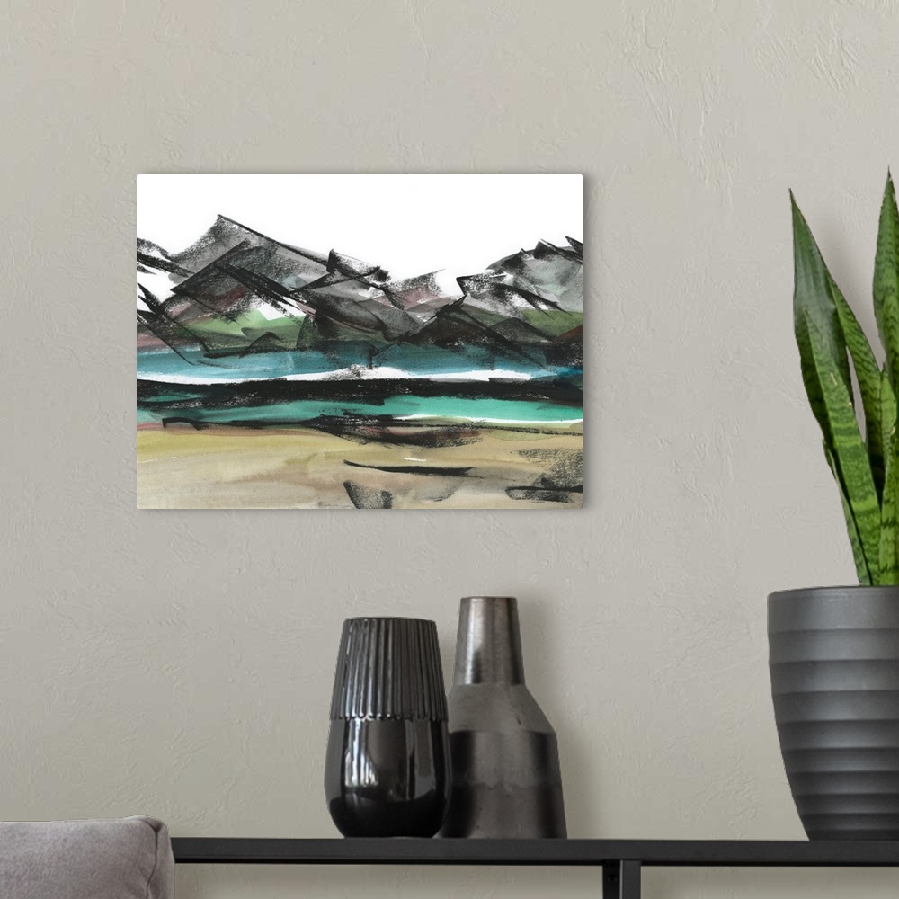 A modern room featuring Abstract Mountain View IV