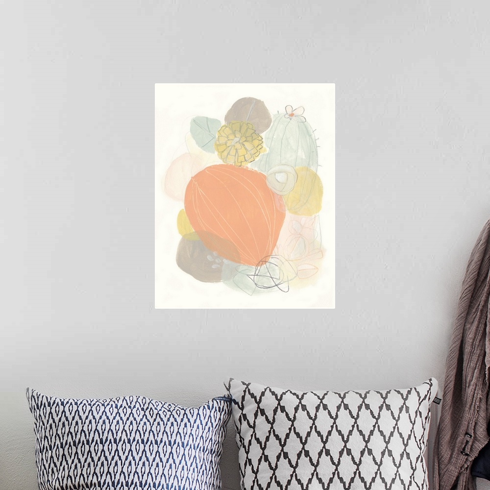 A bohemian room featuring Contemporary pastel painting of abstract succulents in pale blue, yellow, and orange.