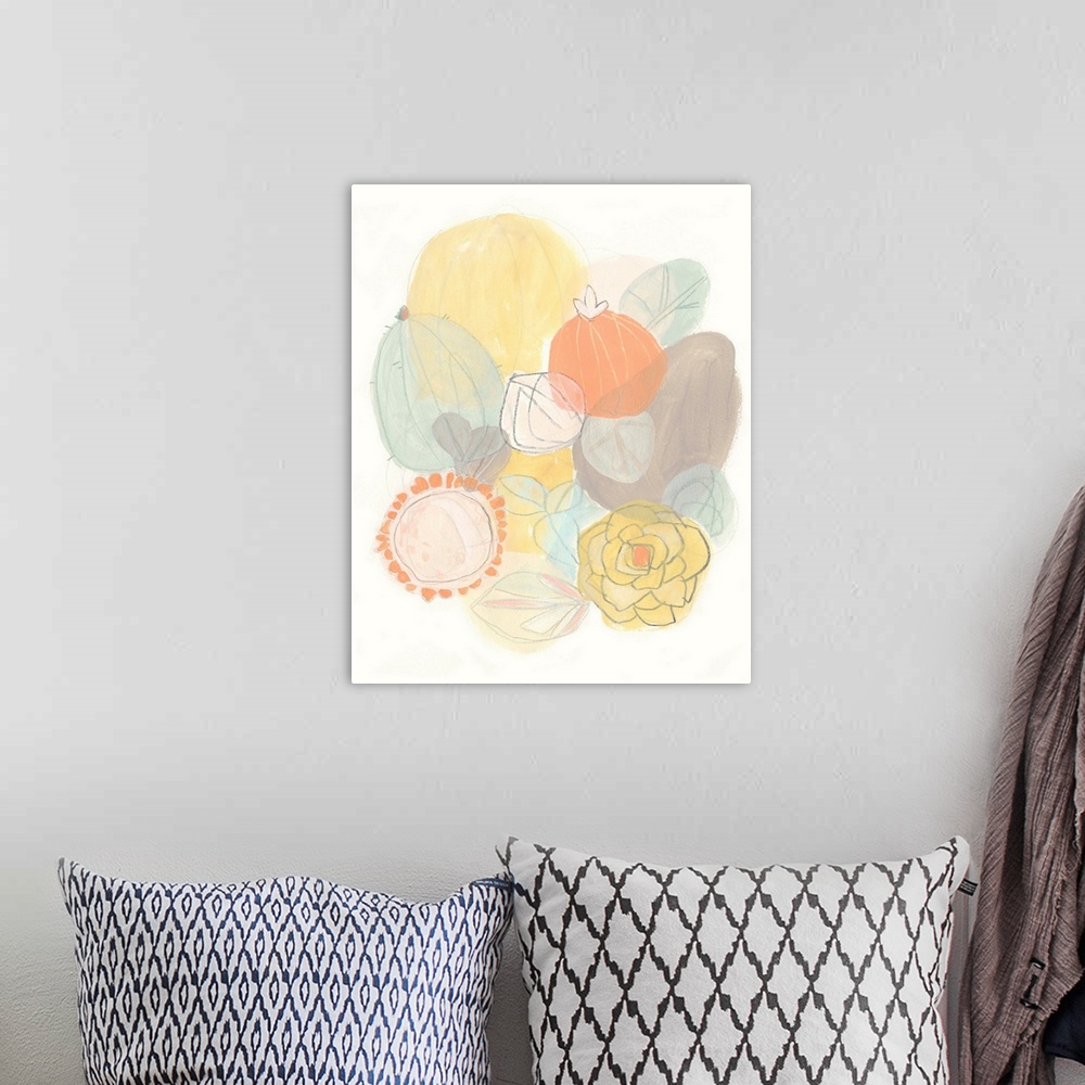 A bohemian room featuring Contemporary pastel painting of abstract succulents in pale blue, yellow, and orange.
