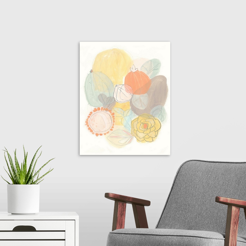 A modern room featuring Contemporary pastel painting of abstract succulents in pale blue, yellow, and orange.