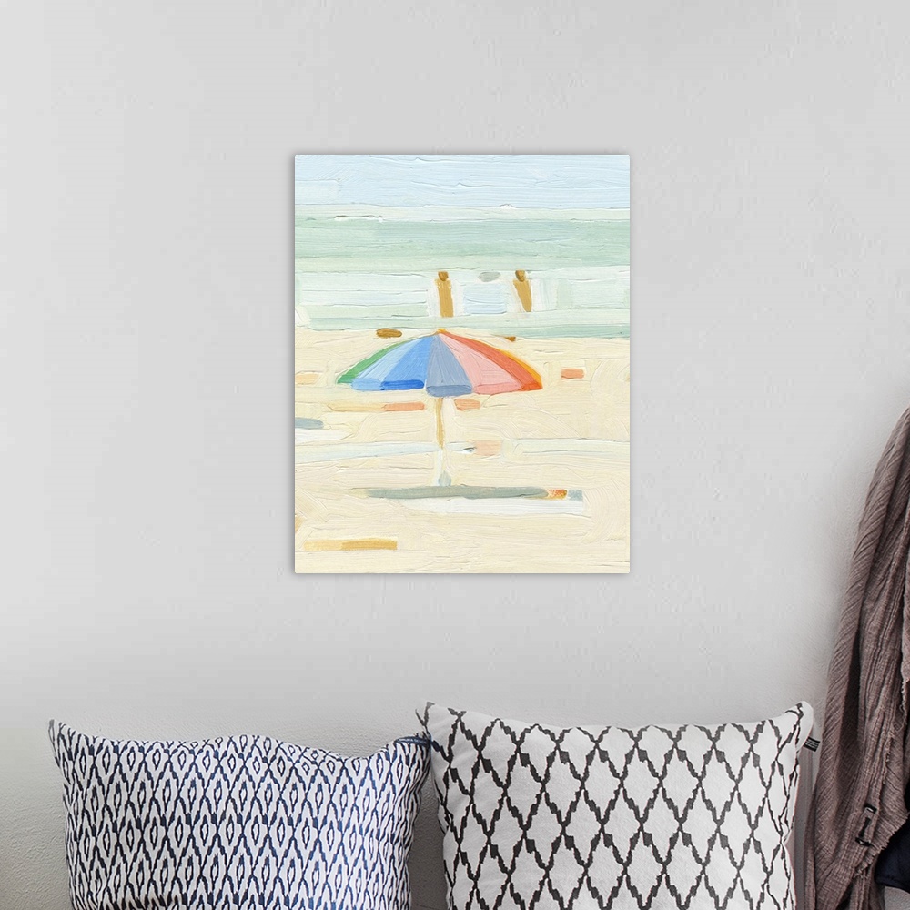 A bohemian room featuring A contemporary acrylic painting of a single colorful beach umbrella, painted in a very abstracted...