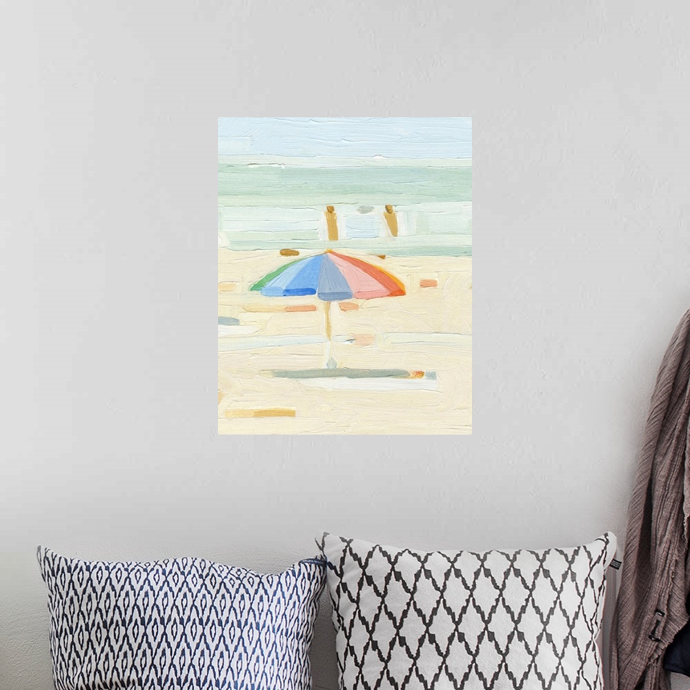 A bohemian room featuring A contemporary acrylic painting of a single colorful beach umbrella, painted in a very abstracted...
