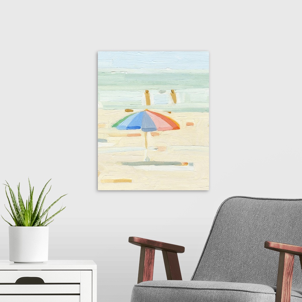 A modern room featuring A contemporary acrylic painting of a single colorful beach umbrella, painted in a very abstracted...