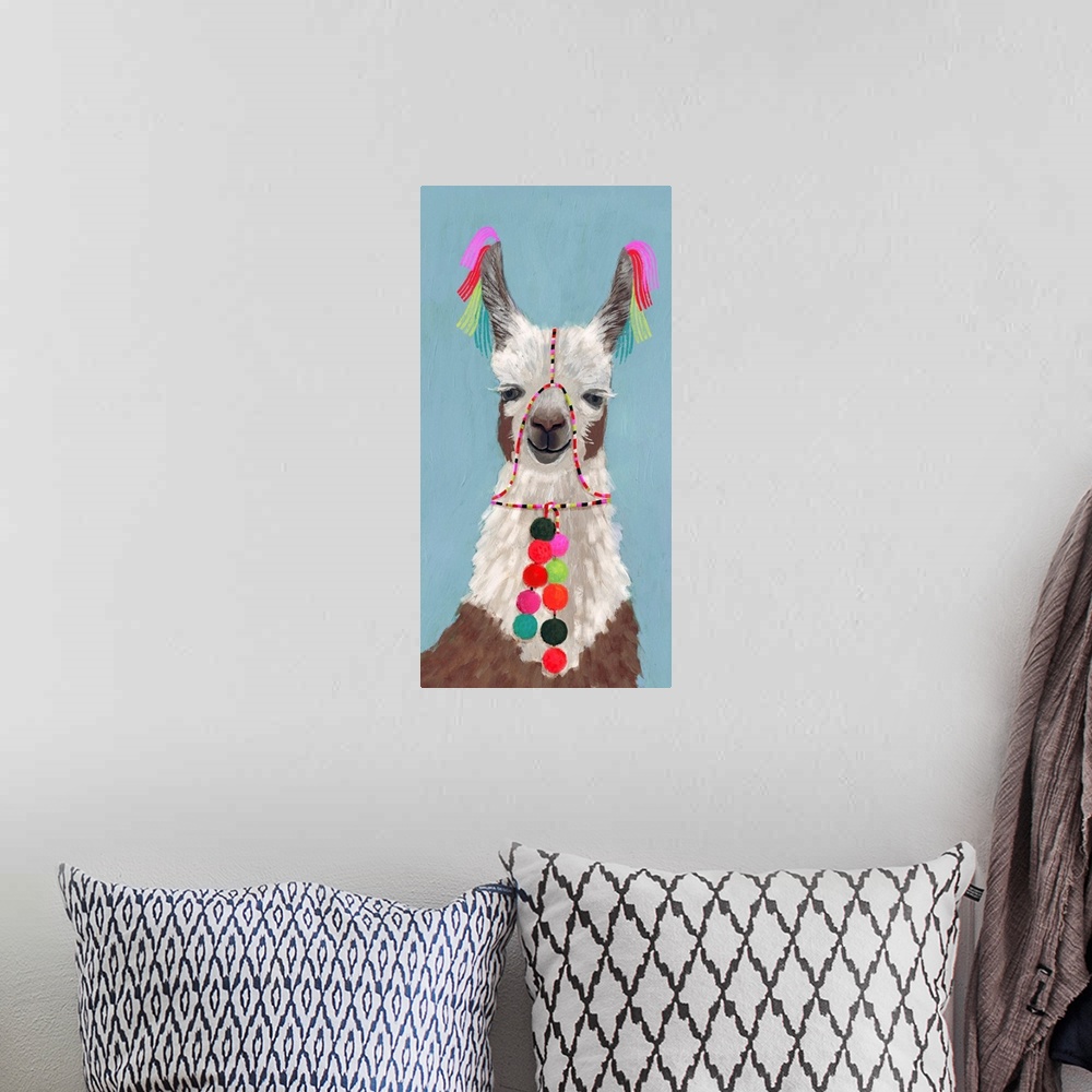 A bohemian room featuring One painting in a series of festive llamas with goofy grins wearing colorful tassels and bright p...