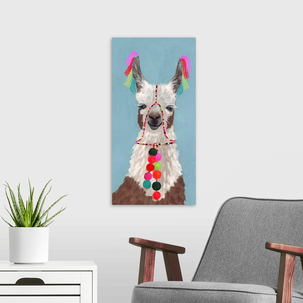 A modern room featuring One painting in a series of festive llamas with goofy grins wearing colorful tassels and bright p...