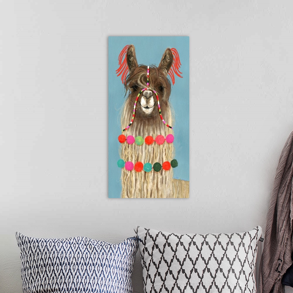 A bohemian room featuring One painting in a series of festive llamas with goofy grins wearing colorful tassels and bright p...