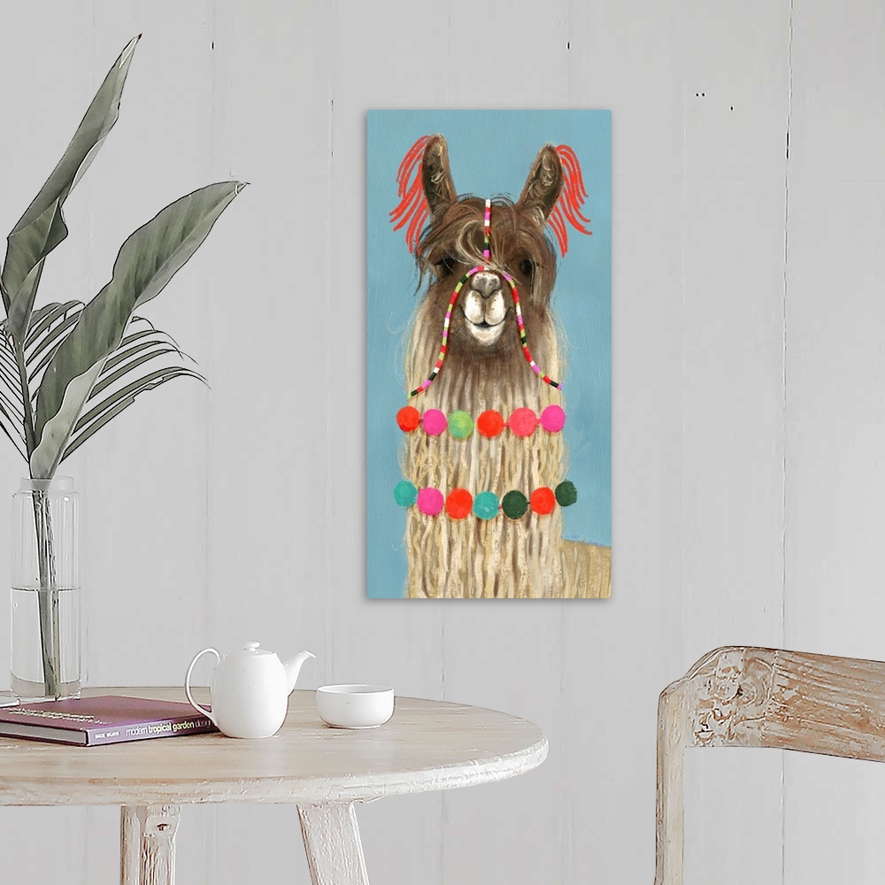 A farmhouse room featuring One painting in a series of festive llamas with goofy grins wearing colorful tassels and bright p...