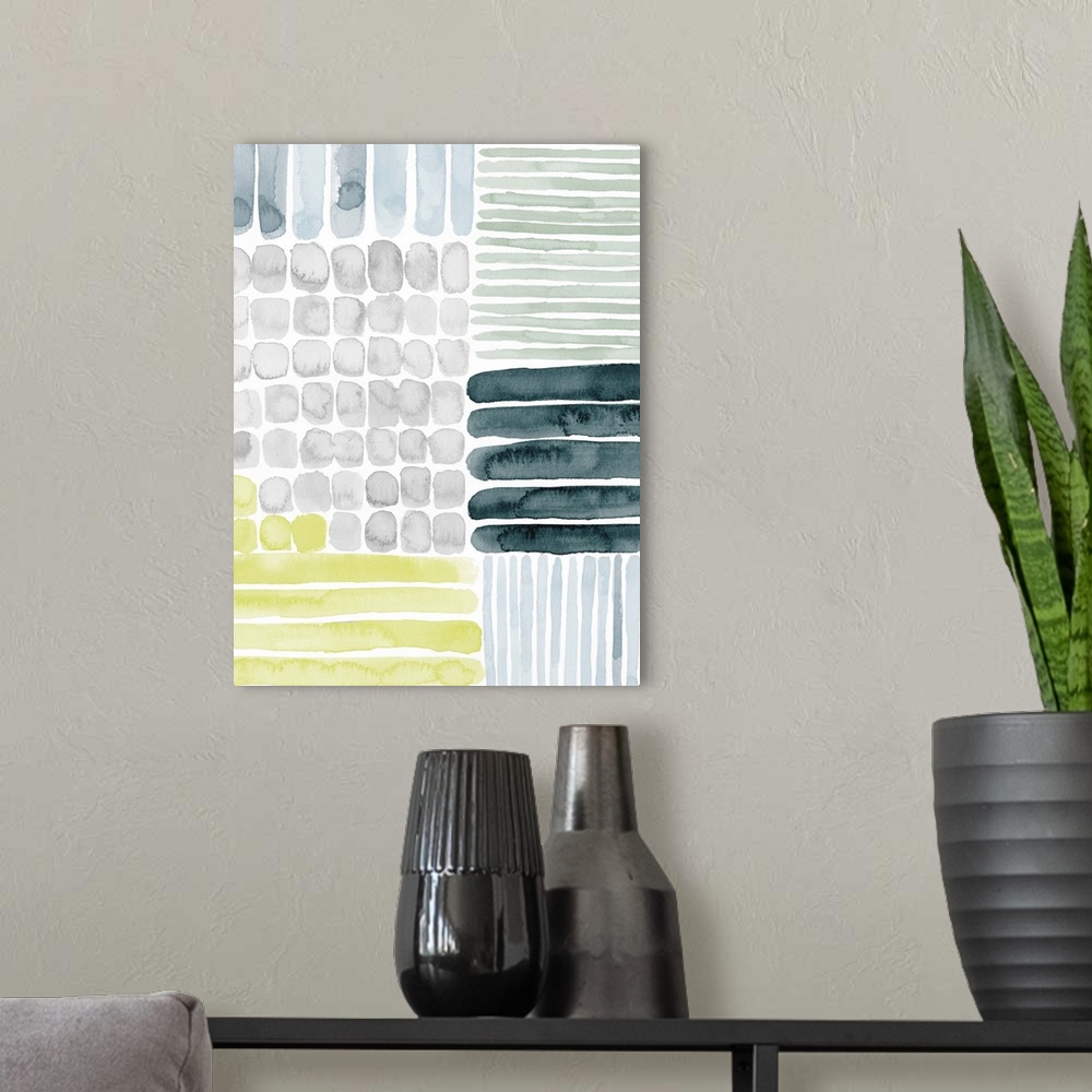 A modern room featuring Watercolor painting of patterns made of different shapes and colors.