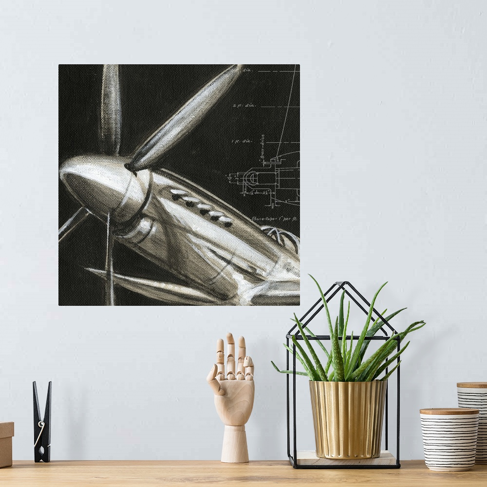 A bohemian room featuring A contemporary painting of a close-up view of a vintage airplane propeller.