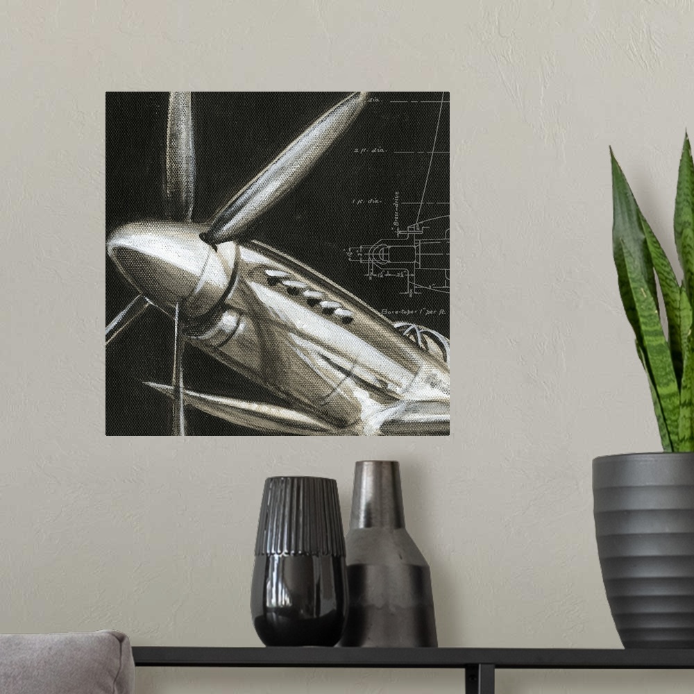 A modern room featuring A contemporary painting of a close-up view of a vintage airplane propeller.
