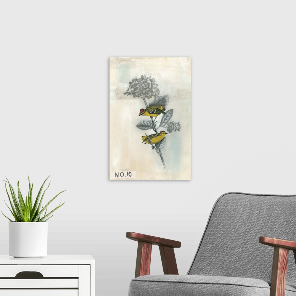 A modern room featuring Illustration of two small birds on a branch.