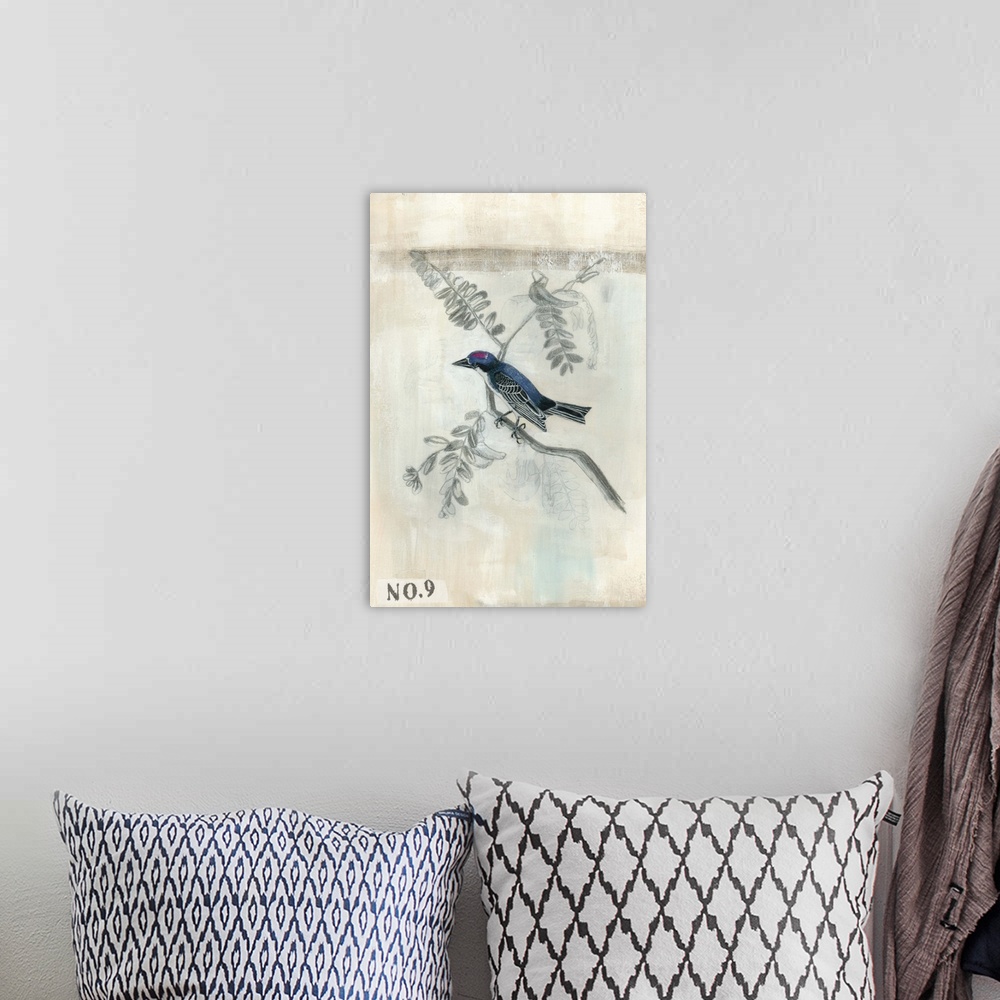 A bohemian room featuring Illustration of a small bird on a branch.