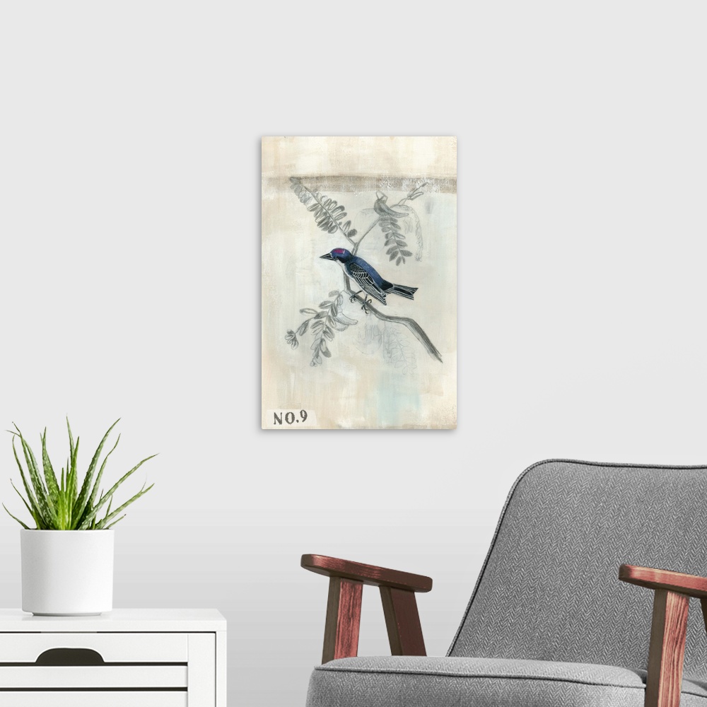A modern room featuring Illustration of a small bird on a branch.
