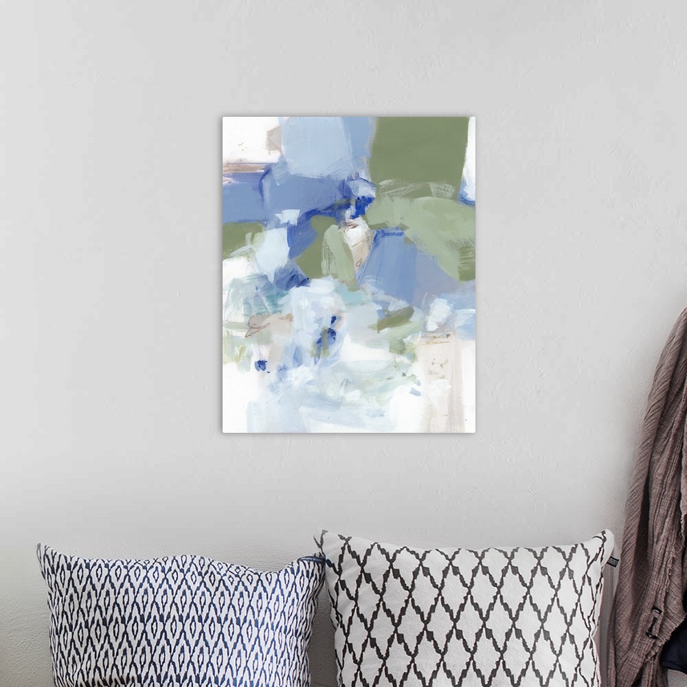 A bohemian room featuring Contemporary painting of organic forms in shades of blue and white.