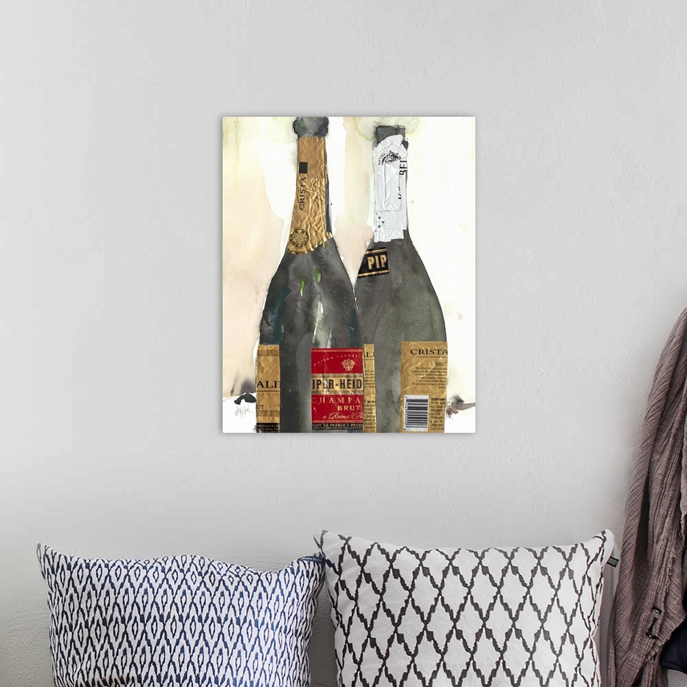 A bohemian room featuring Watercolor painting of two champagne bottles, embellished with foil.