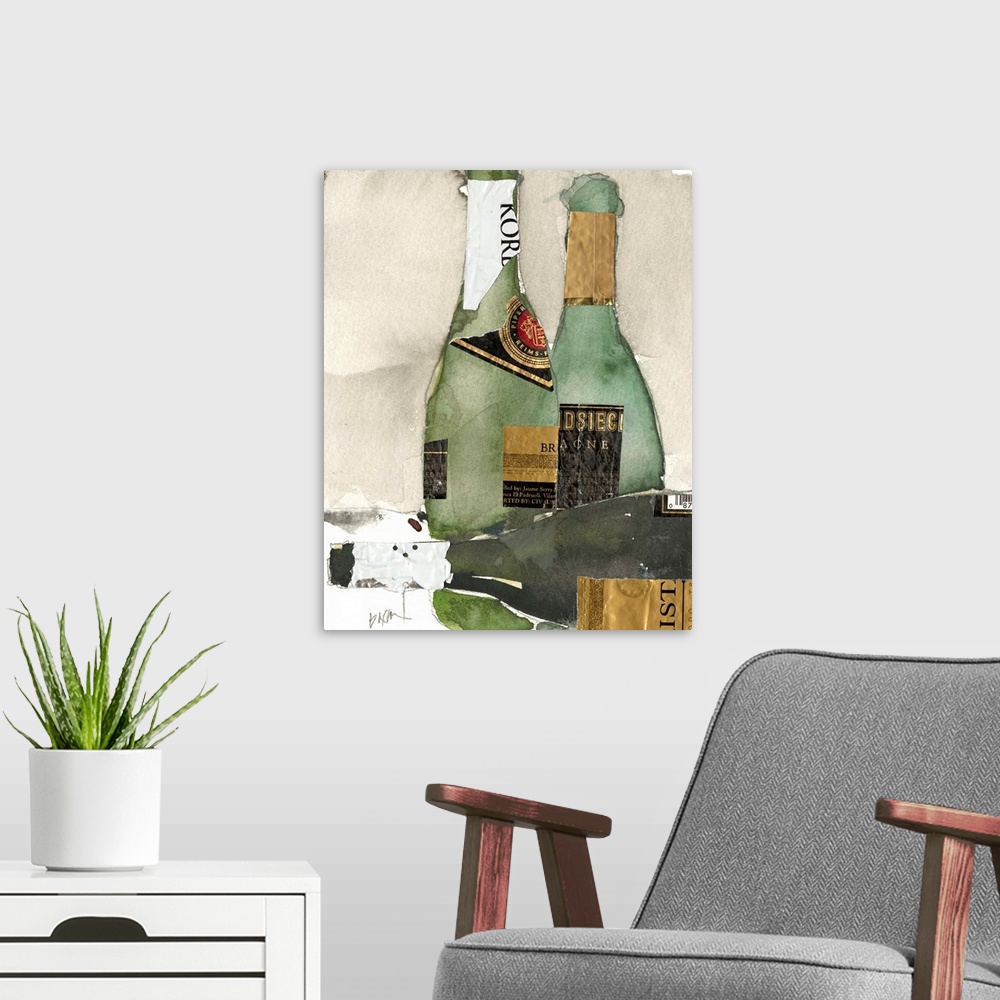 A modern room featuring Watercolor painting of two champagne bottles, embellished with foil.