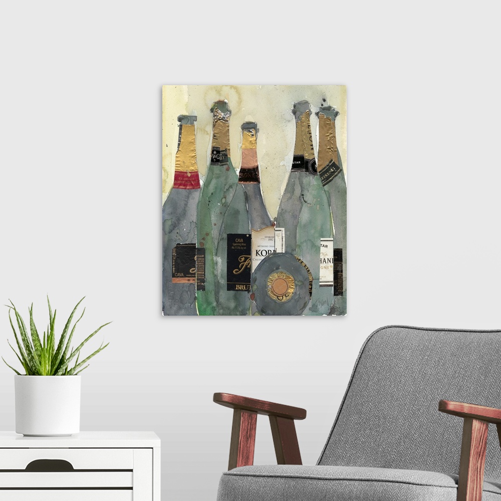 A modern room featuring Still life painting of six opened bottles of champagne.