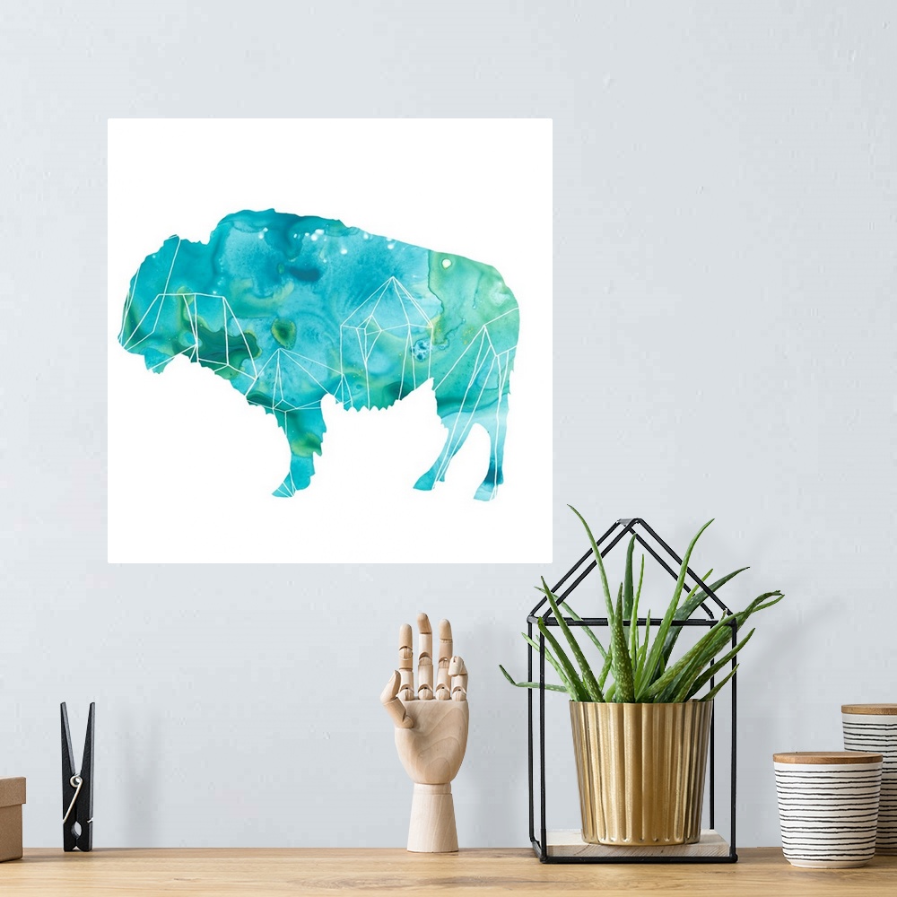 A bohemian room featuring Contemporary silhouette of a bison filled with an agate-like pattern in blue and green.