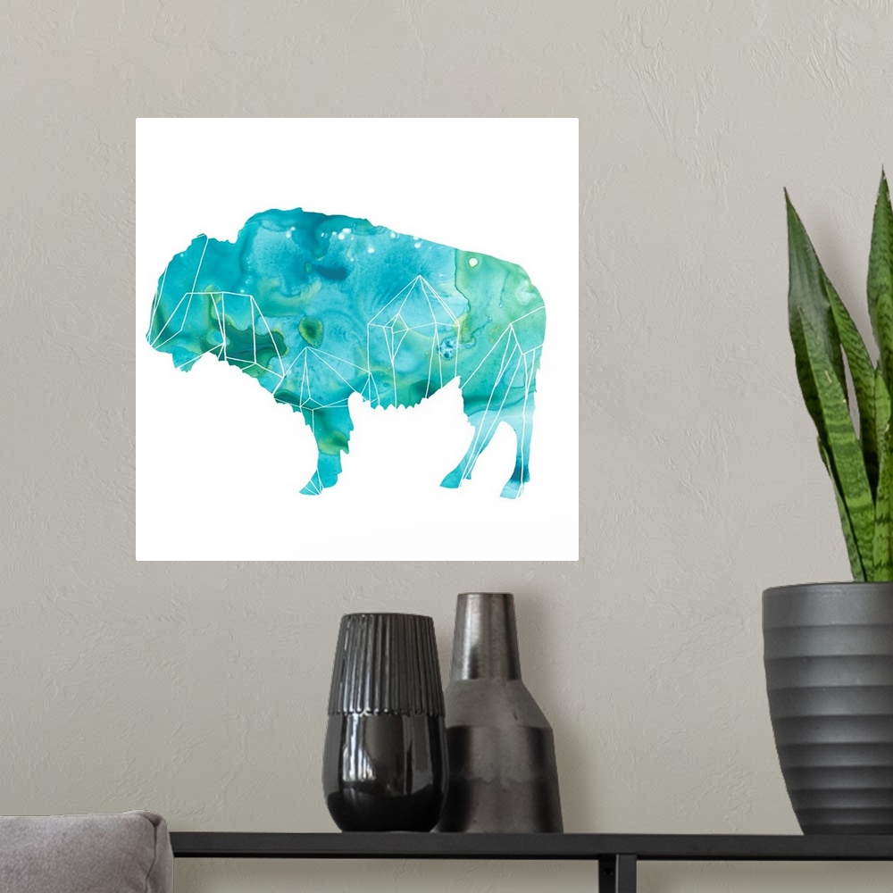 A modern room featuring Contemporary silhouette of a bison filled with an agate-like pattern in blue and green.