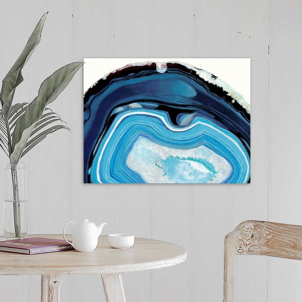 A farmhouse room featuring Contemporary painting of a cross section of mineral agate in bright blue.
