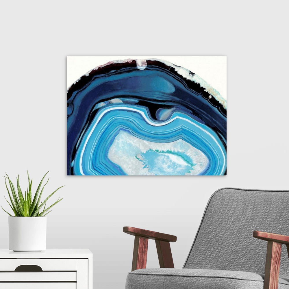 A modern room featuring Contemporary painting of a cross section of mineral agate in bright blue.