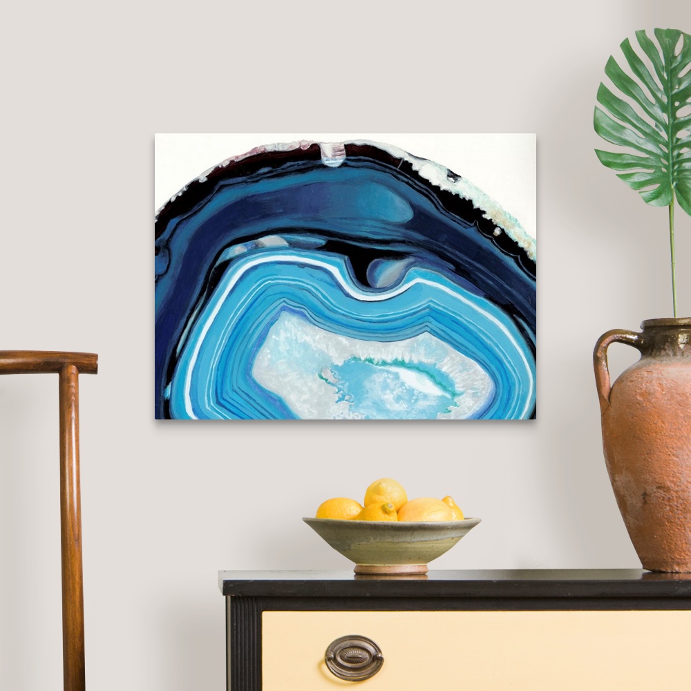 A traditional room featuring Contemporary painting of a cross section of mineral agate in bright blue.
