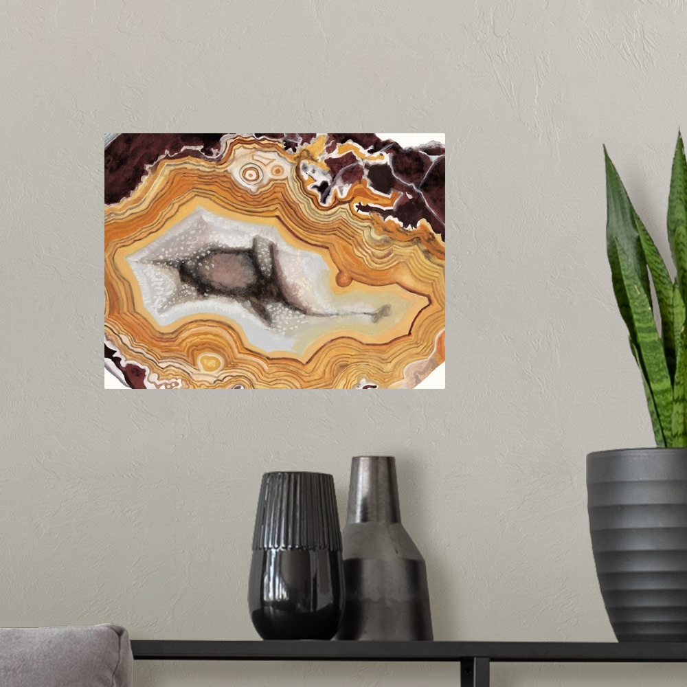 A modern room featuring Contemporary painting of a cross section of mineral agate in bright orange.