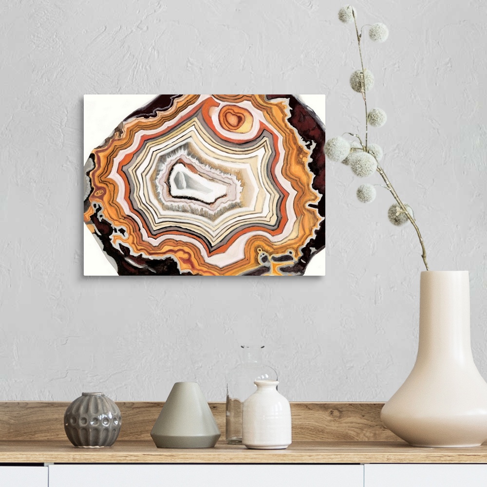 A farmhouse room featuring Contemporary painting of a cross section of mineral agate in bright orange.