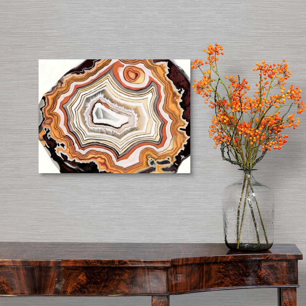 A traditional room featuring Contemporary painting of a cross section of mineral agate in bright orange.