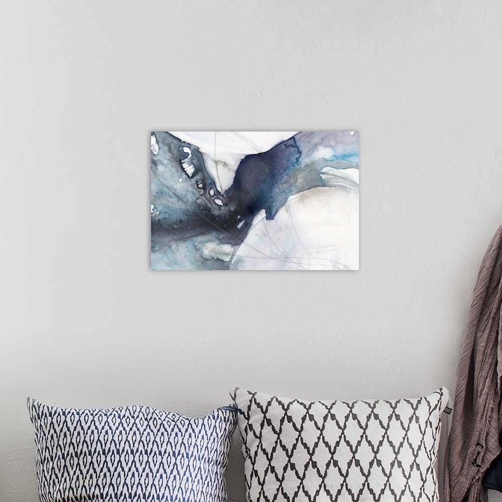 A bohemian room featuring Abstract painting featuring a diagonal wave-like shape in a variety of blue shades.