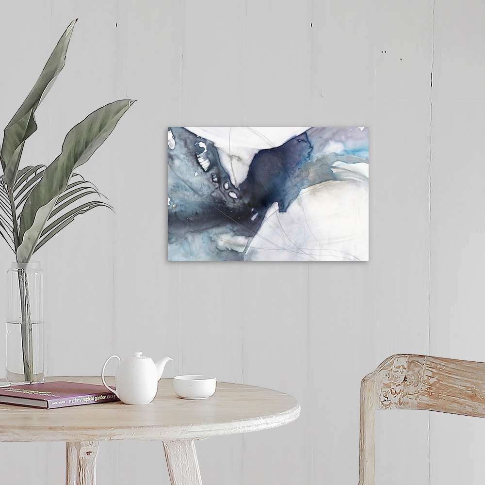 A farmhouse room featuring Abstract painting featuring a diagonal wave-like shape in a variety of blue shades.