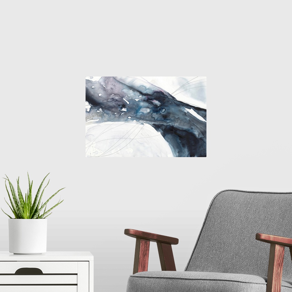 A modern room featuring Abstract painting featuring a diagonal wave-like shape in a variety of blue shades.