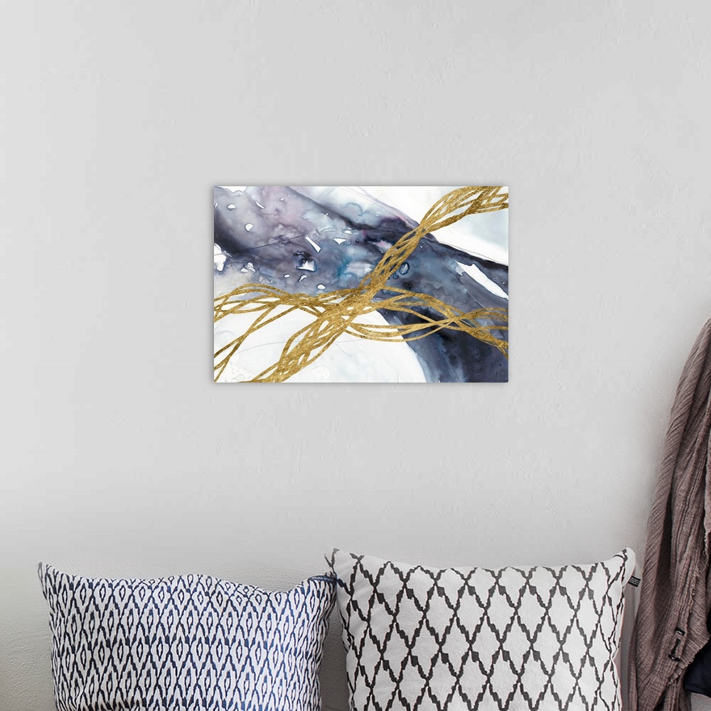 A bohemian room featuring Contemporary abstract painting with blue and gold forms crossing the composition diagonally.